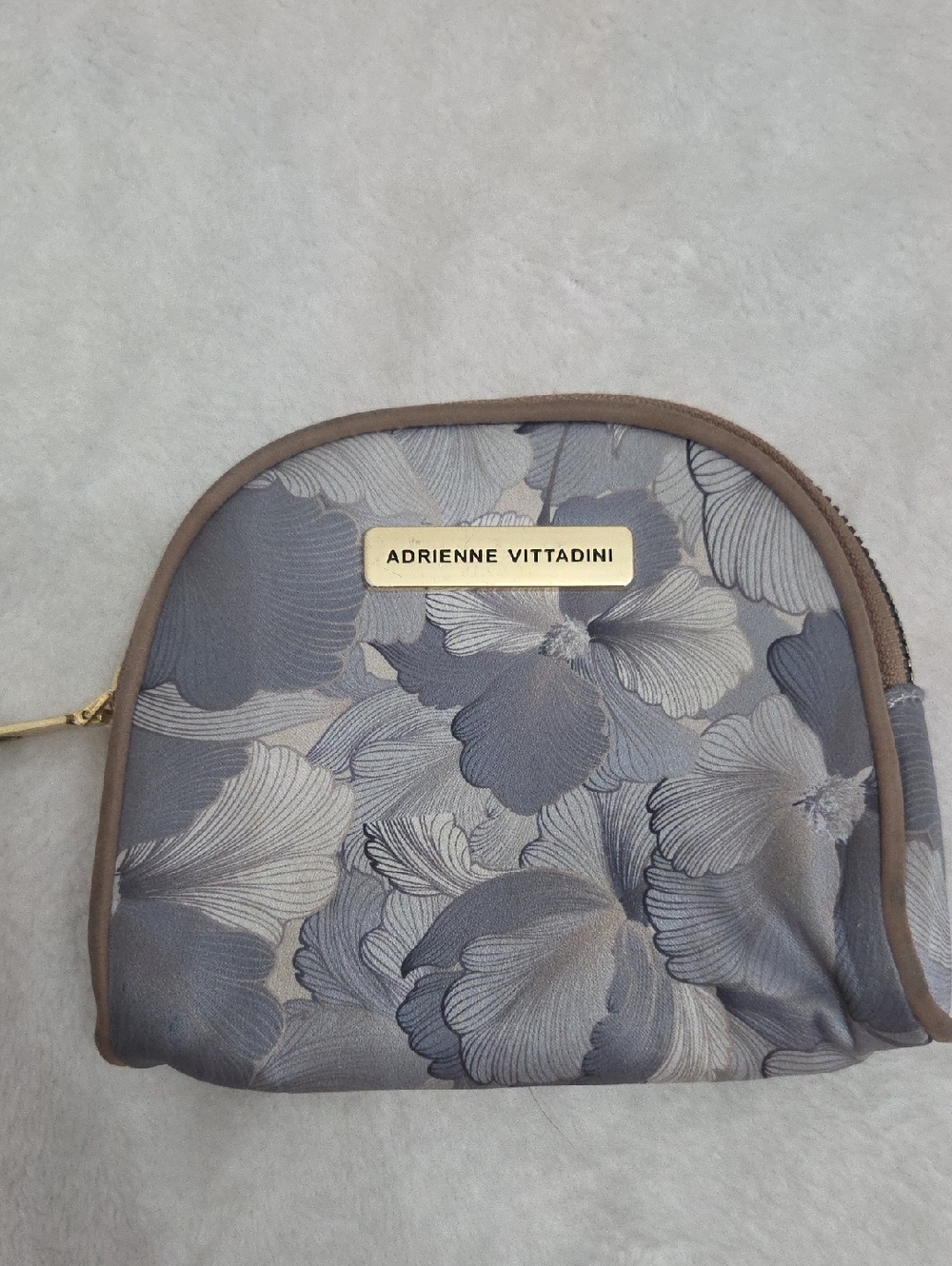 Adrienne Vittadini Gray Floral Zip Cosmetic Pouch with Gold Plate